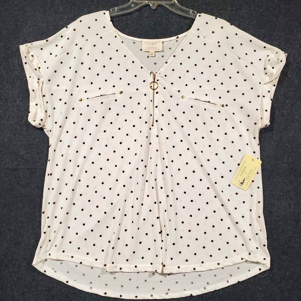 Flower & Feather Women's Blouse Size 2XL Ivory Black Polka Dot Short Sleeve NWT